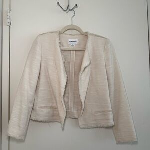 Club Monaco Cream Fringe-Trim Open Front Tweed Blazer